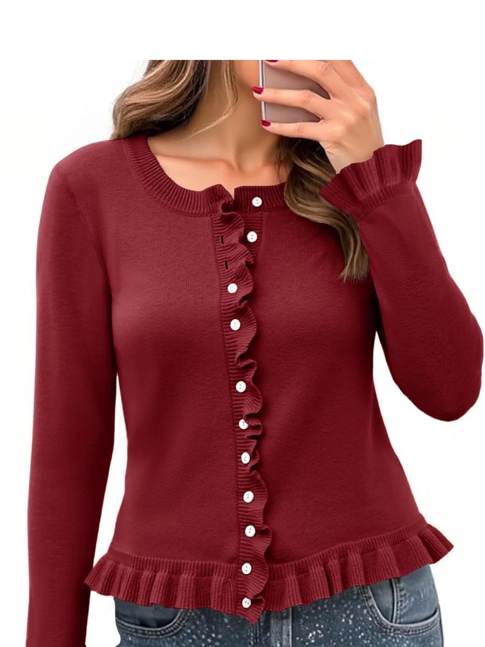 Ruffle Cardigan Sweaters Button Up Crew Neck Cropped Sweater L 1224/Bb6